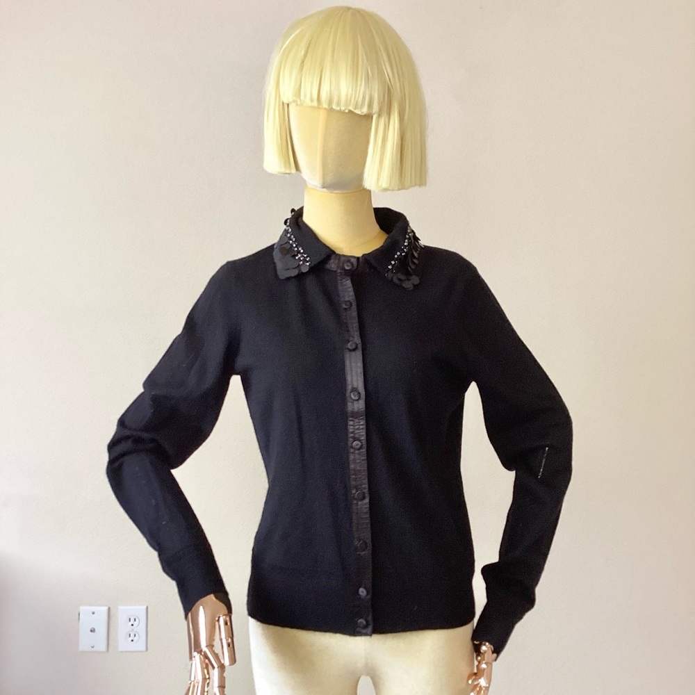 Worth Black Wool Sequin Crystals Cardigan Sweater